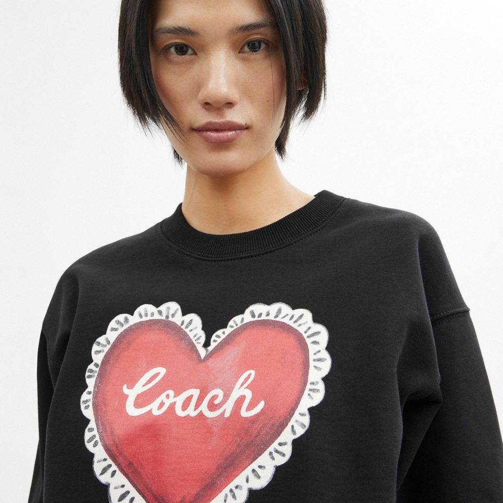 Women Coach Heart Crewneck Sweaters Black | CA_CH79853