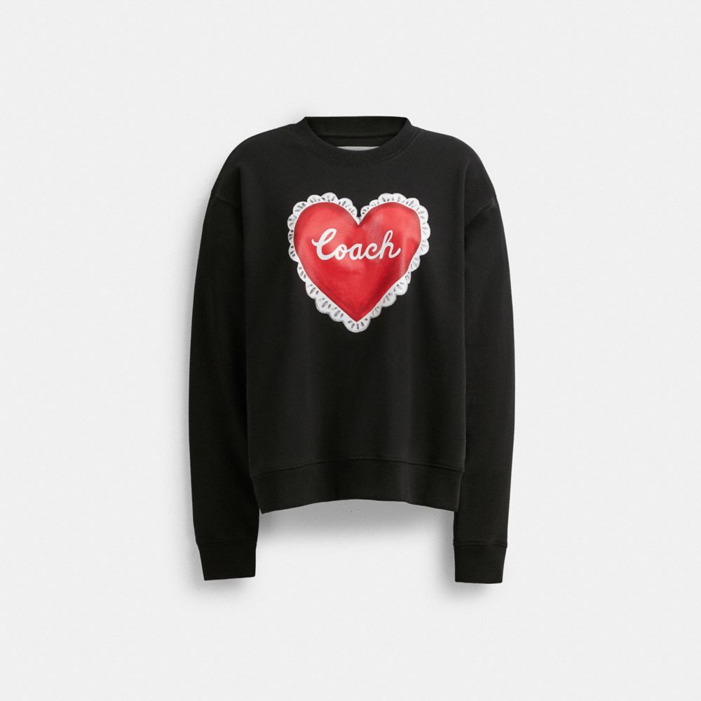 Women Coach Heart Crewneck Sweaters Black | CA_CH79853