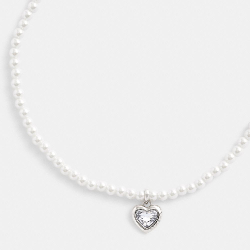 Women Coach Heart Pearl Choker & Clear Necklace Silver | CA_CH47939