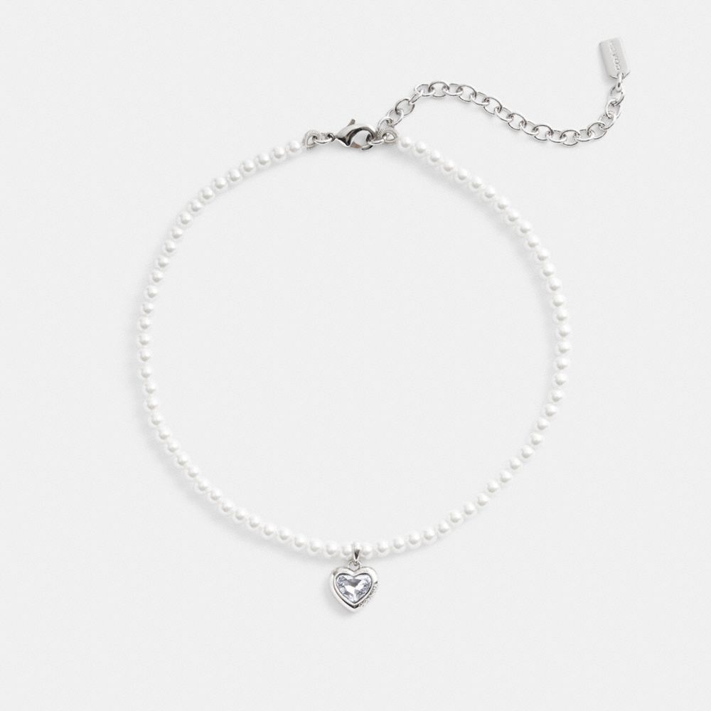 Women Coach Heart Pearl Choker & Clear Necklace Silver | CA_CH47939