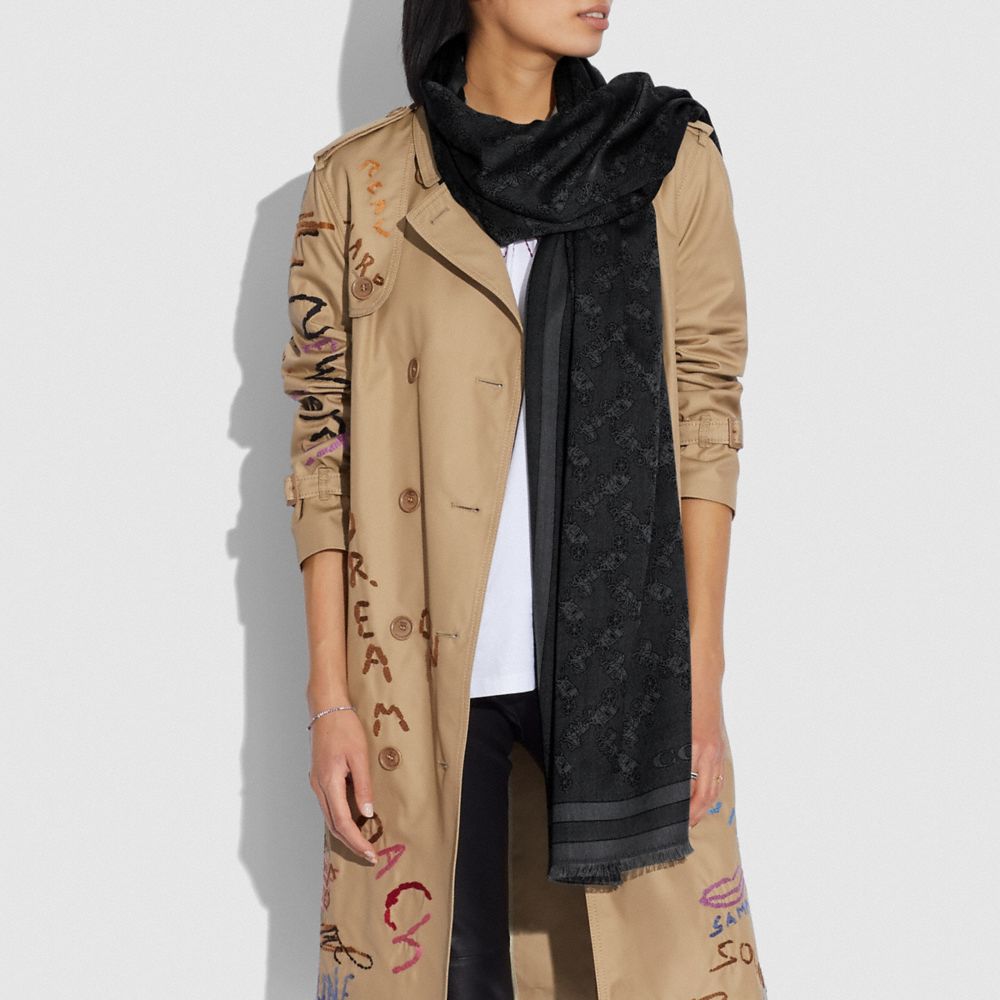 Women Coach Horse And Carriage Print Jacquard Stole Hats Black | CA_CH26151