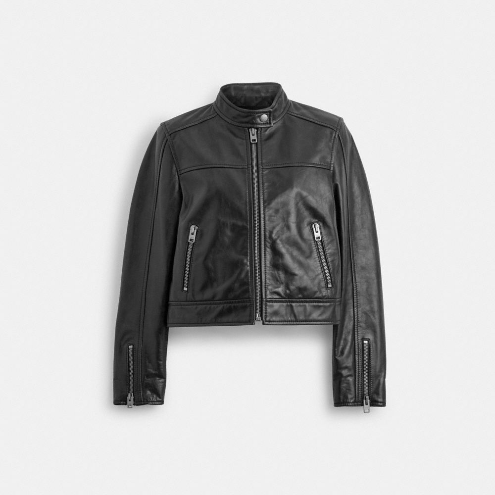 Women Coach Leather Racing Jackets Black | CA_CH89238