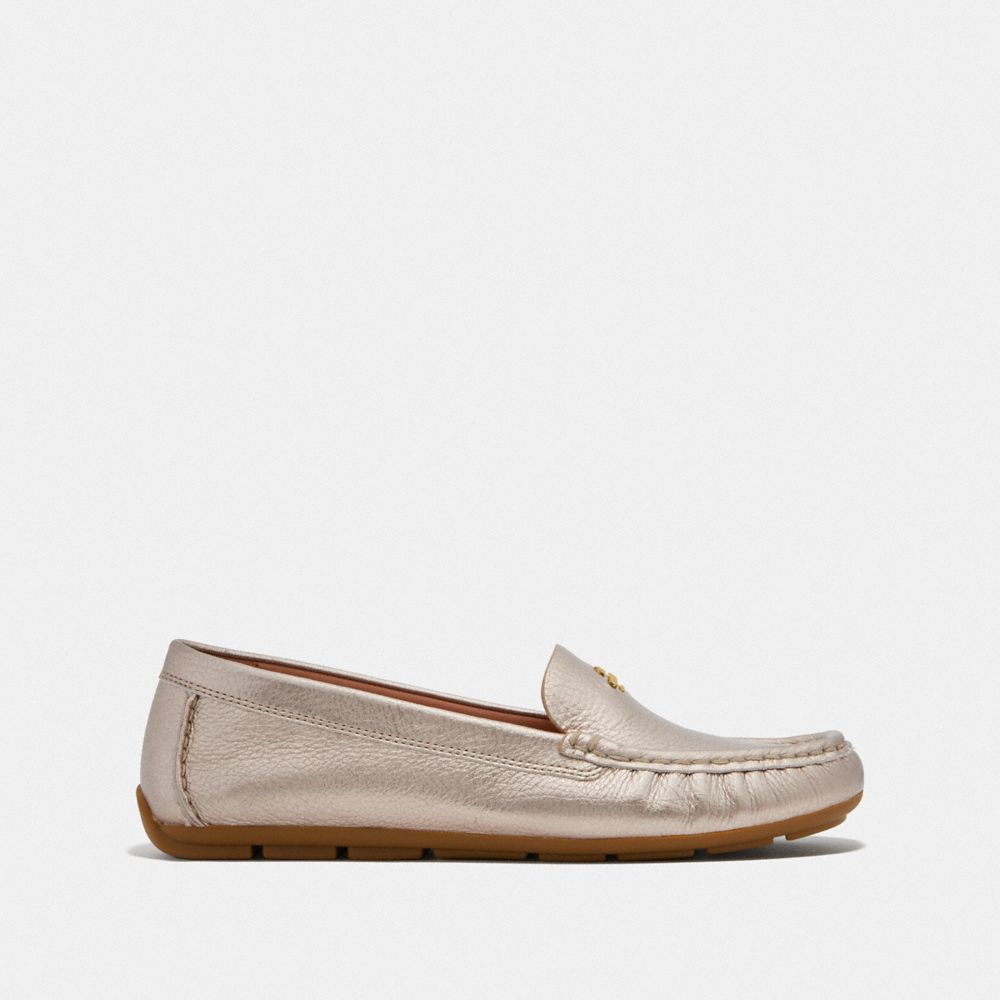 Women Coach Marley Driver Metal Loafers Silver | CA_CH90490