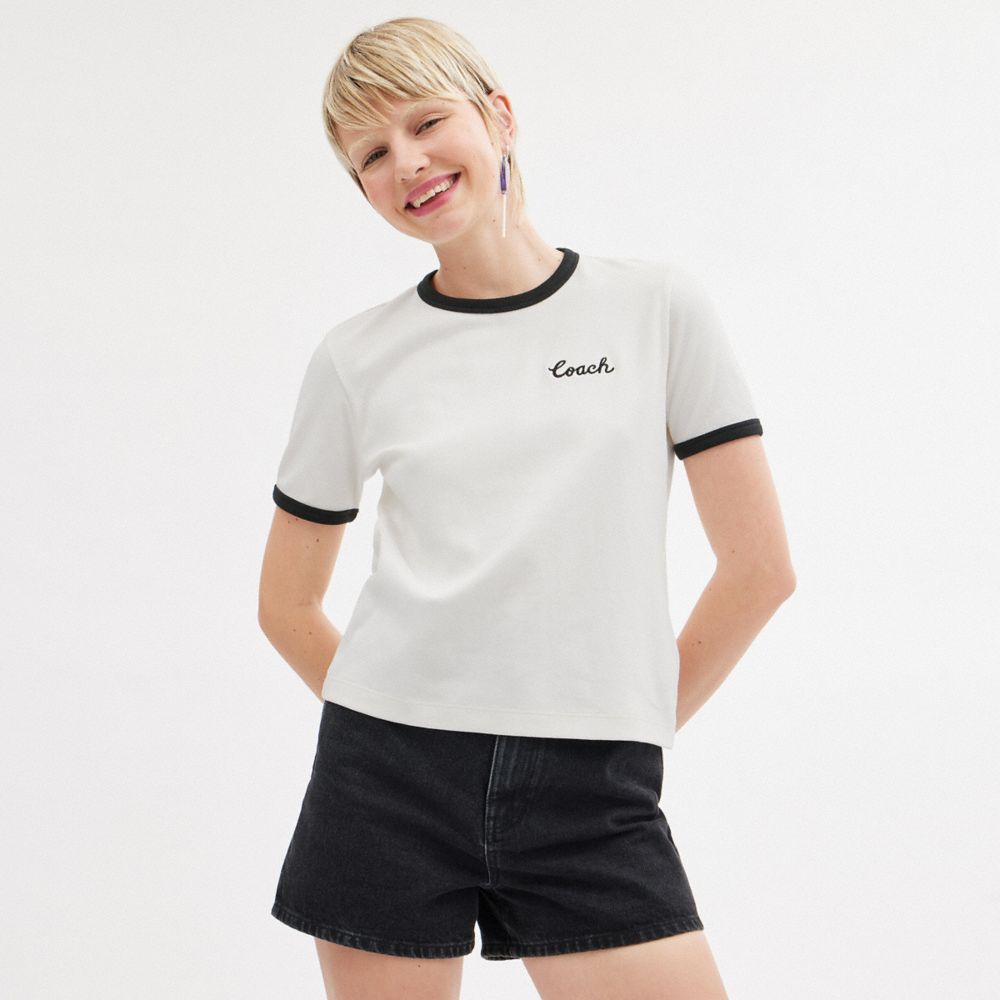 Women Coach Ringer T Shirts White | CA_CH62106