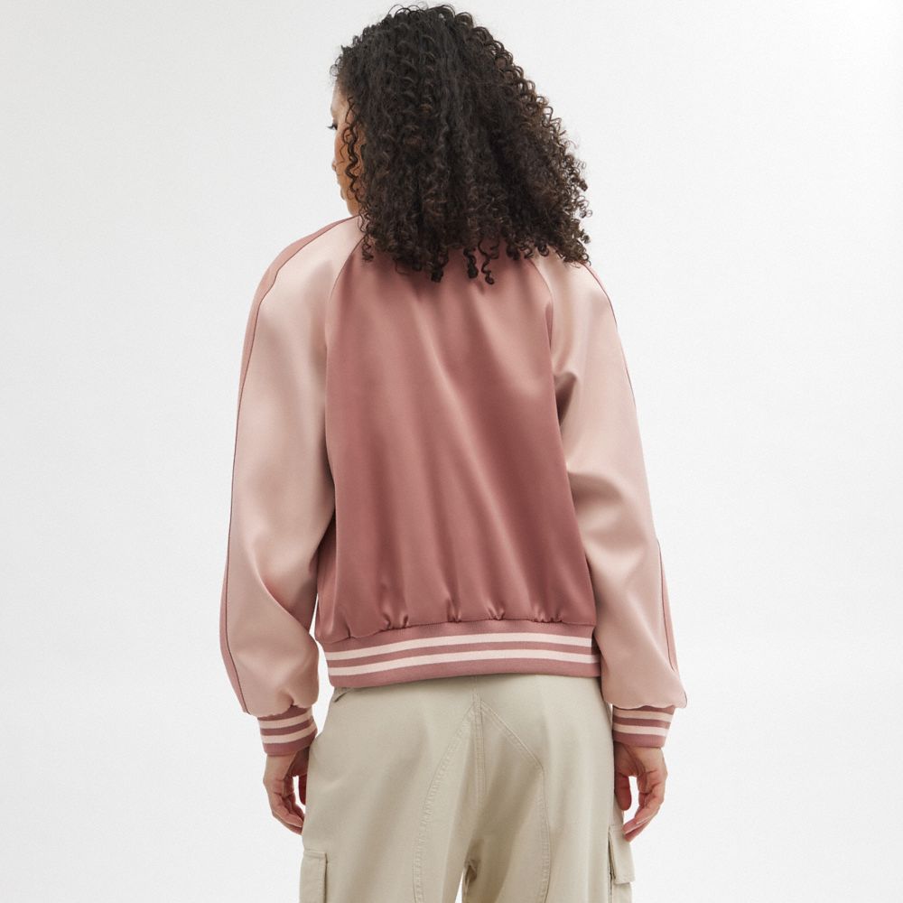 Women Coach Satin Varsity Jackets Pink | CA_CH37801