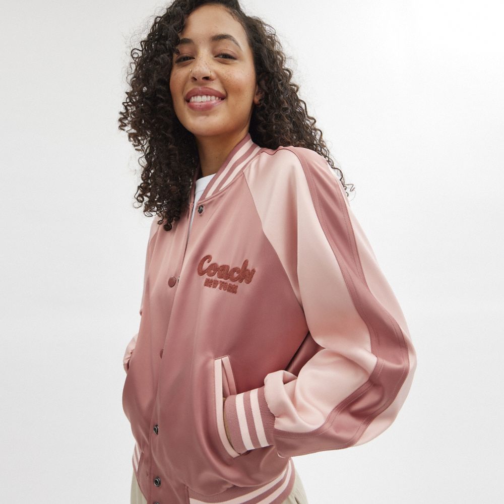 Women Coach Satin Varsity Jackets Pink | CA_CH37801