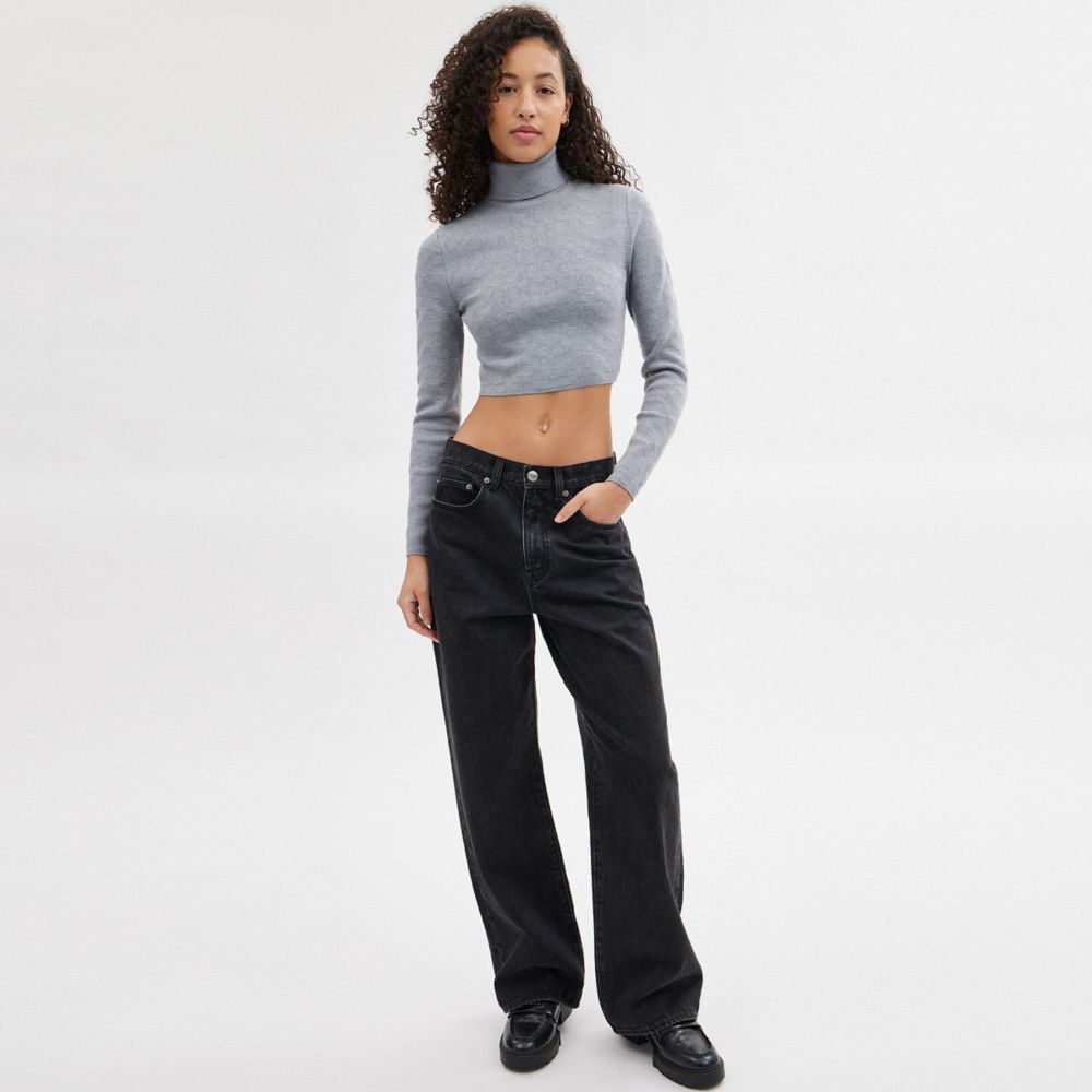 Women Coach Signature Cropped Turtleneck Heather Tops Grey | CA_CH49396