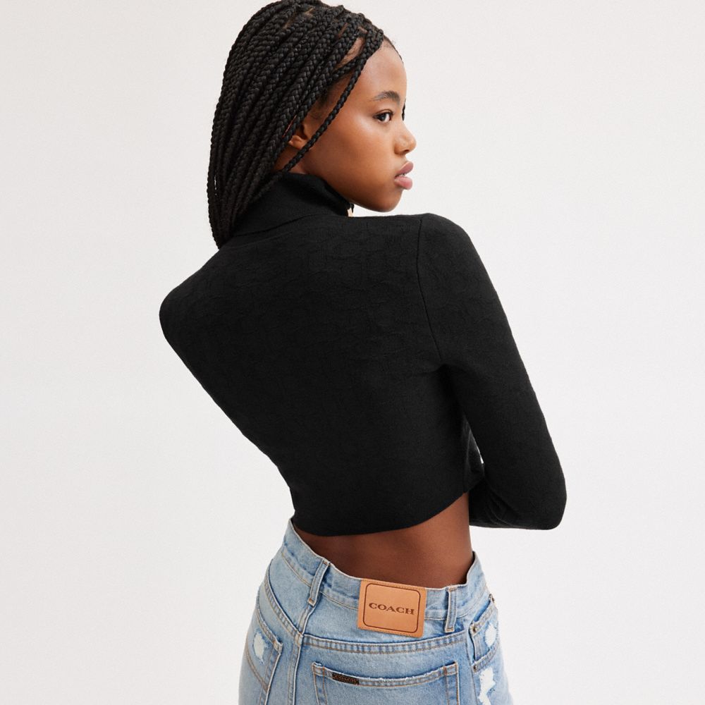 Women Coach Signature Knit Cropped Turtleneck Tops Black | CA_CH44097