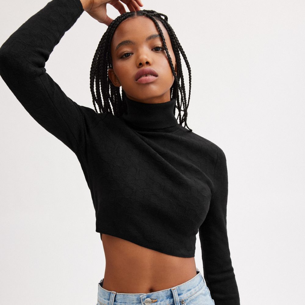 Women Coach Signature Knit Cropped Turtleneck Tops Black | CA_CH44097