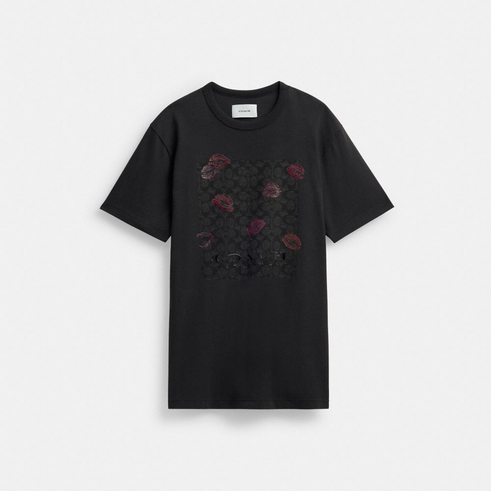 Women Coach Signature Square Kiss Print In Organic Cotton T Shirts Black | CA_CH24492