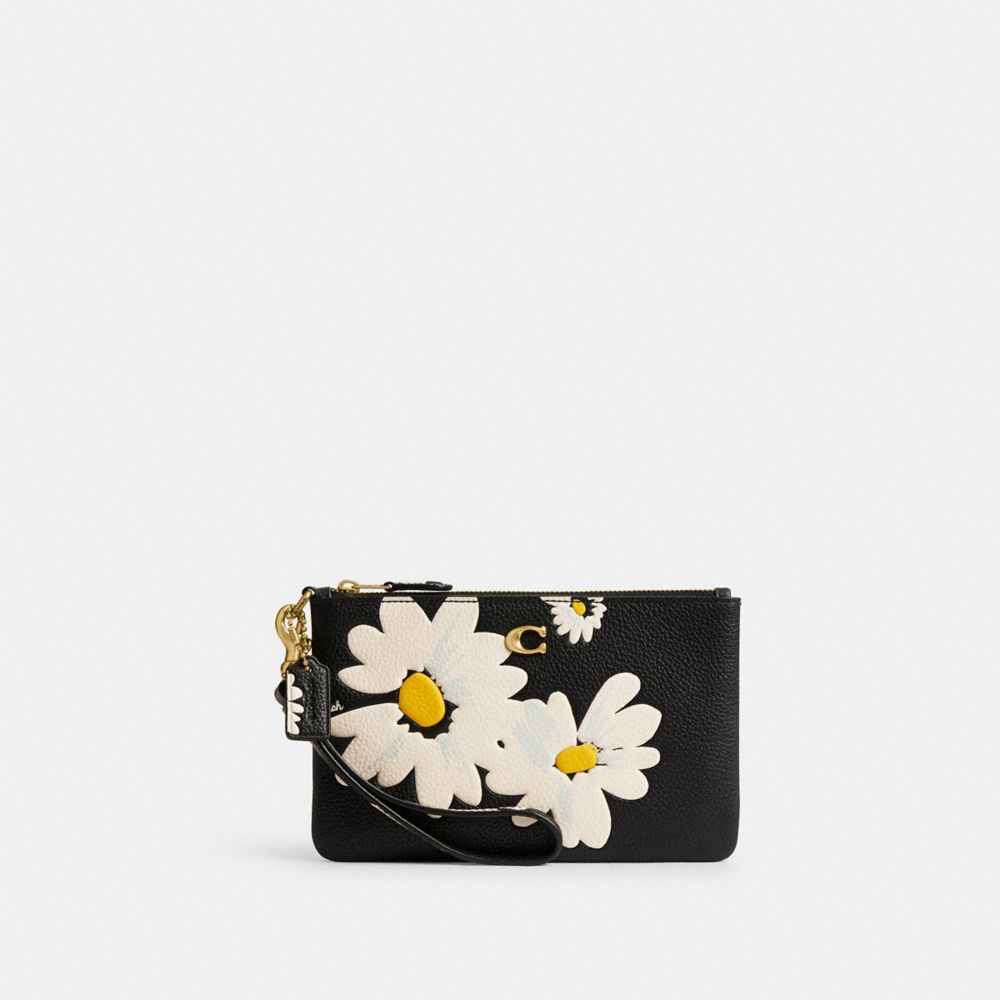 Women Coach Small With Floral Print Brass Small Wallets Black Multicolor | CA_CH48081