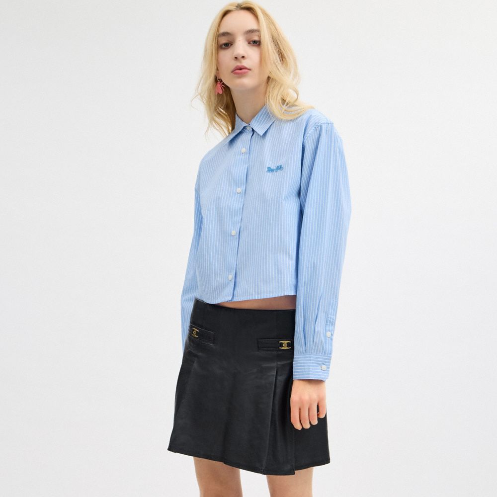 Women Coach Striped Cropped Button Up Shirt Tops Blue | CA_CH26683