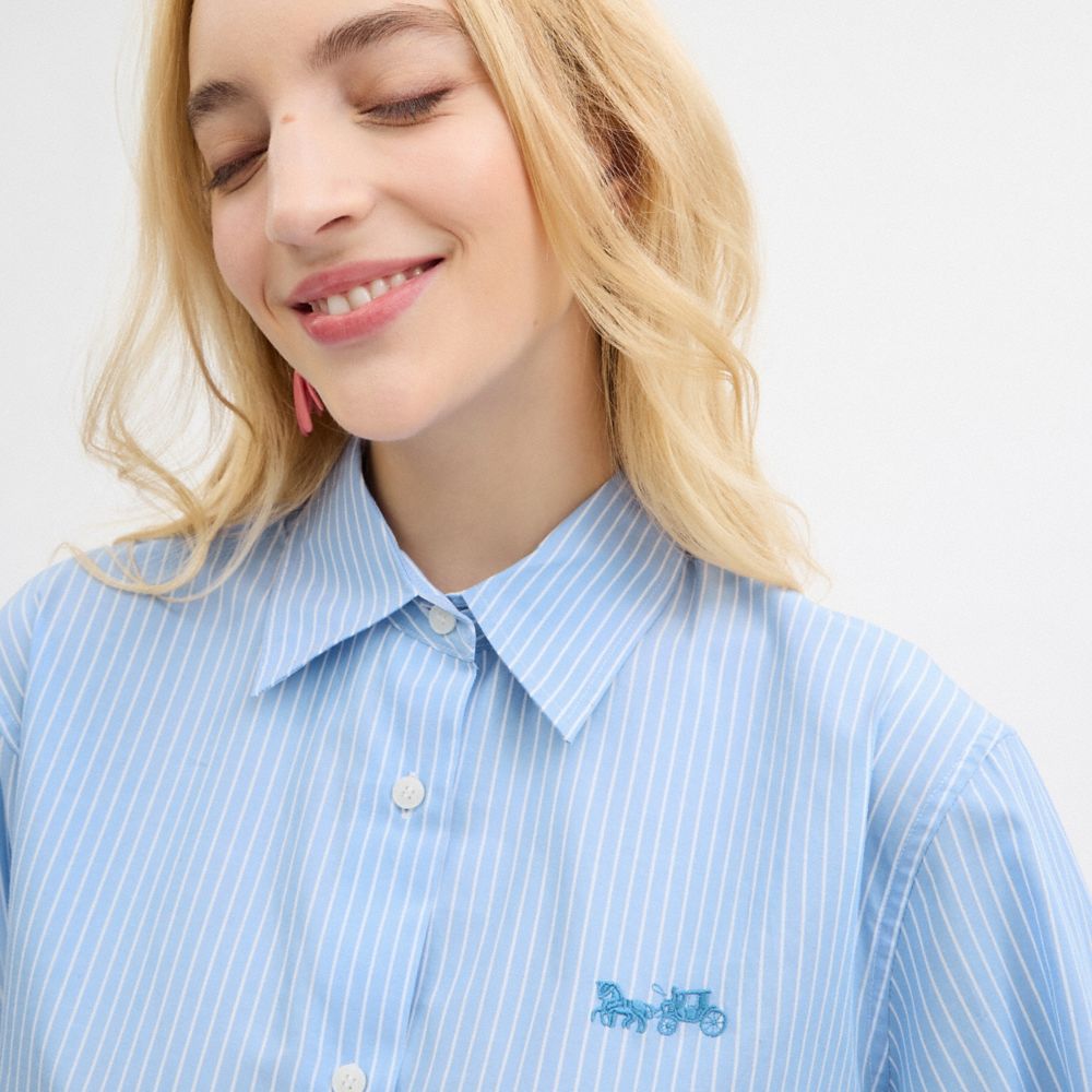 Women Coach Striped Cropped Button Up Shirt Tops Blue | CA_CH26683