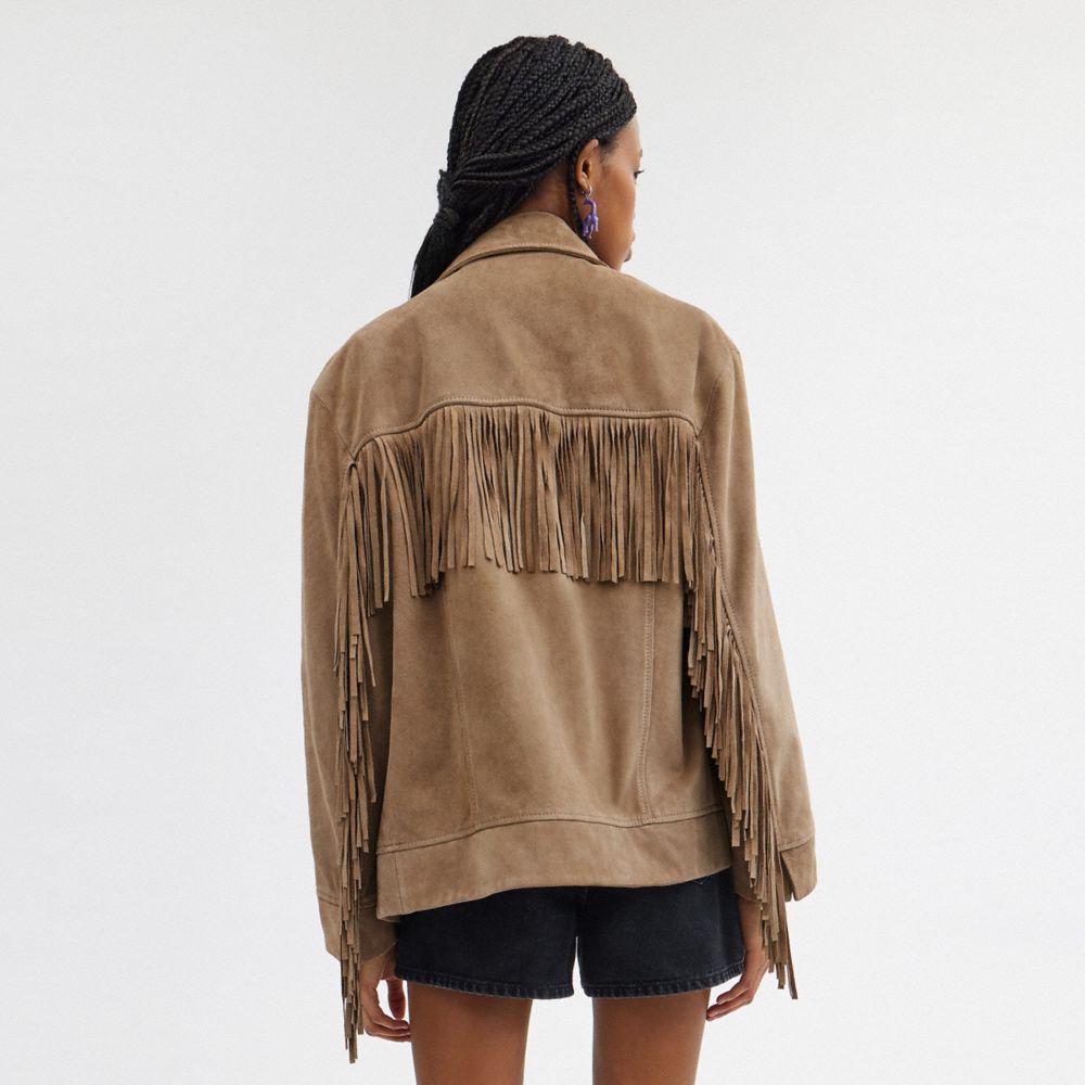 Women Coach Suede Fringe Jackets Dark Beige | CA_CH28013