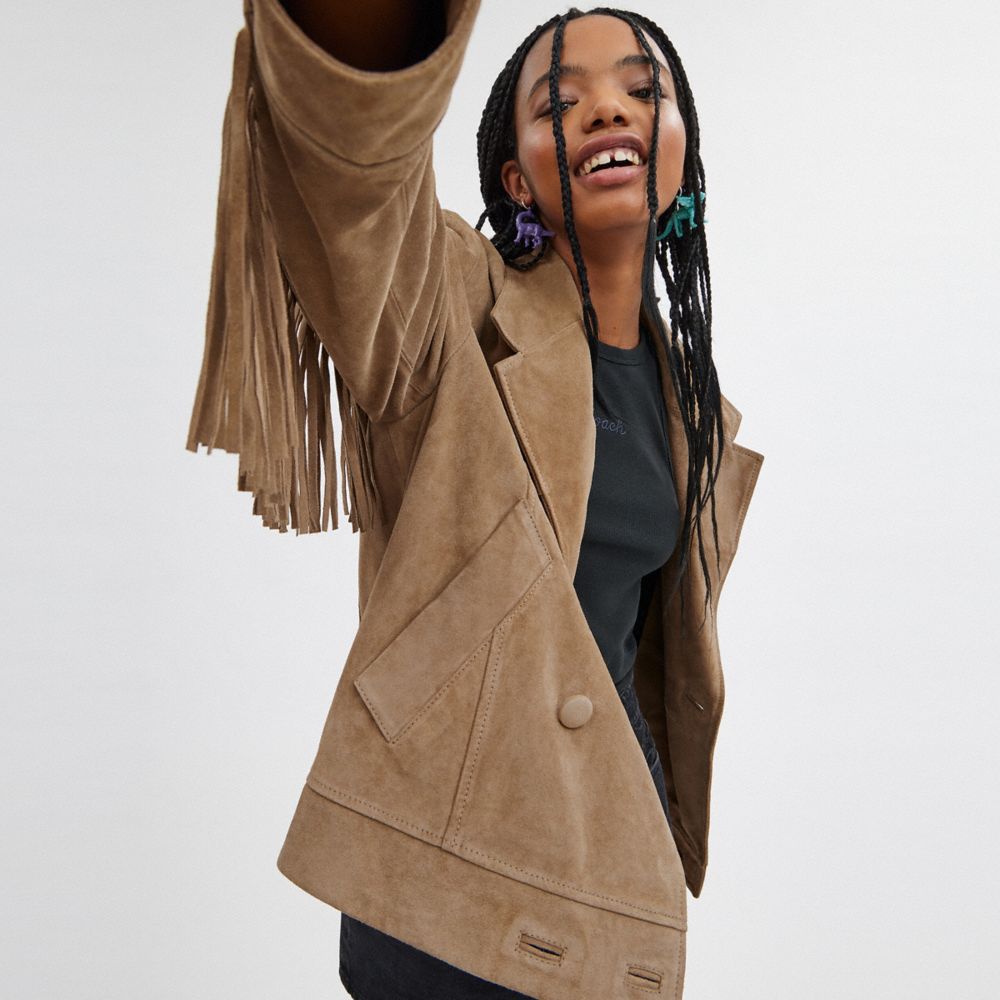 Women Coach Suede Fringe Jackets Dark Beige | CA_CH28013