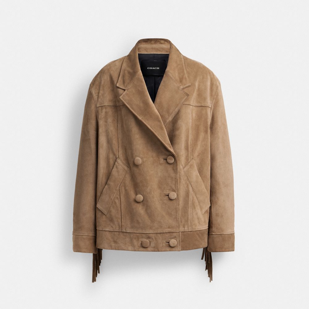 Women Coach Suede Fringe Jackets Dark Beige | CA_CH28013