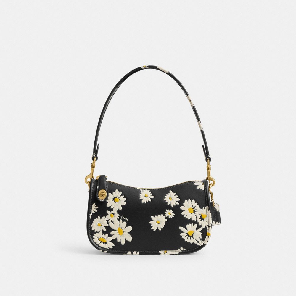 Women Coach Swinger 20 With Floral Print Brass Shoulder Bags Black Multicolor | CA_CH52130